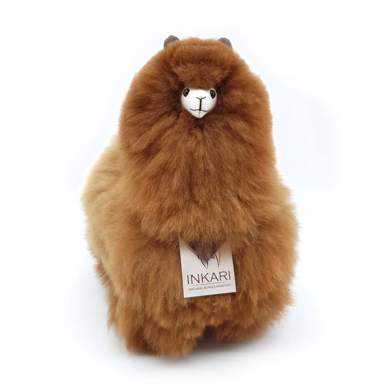 Peluche alpaga Inkari 32cm coloris Caramel, texture laine naturelle