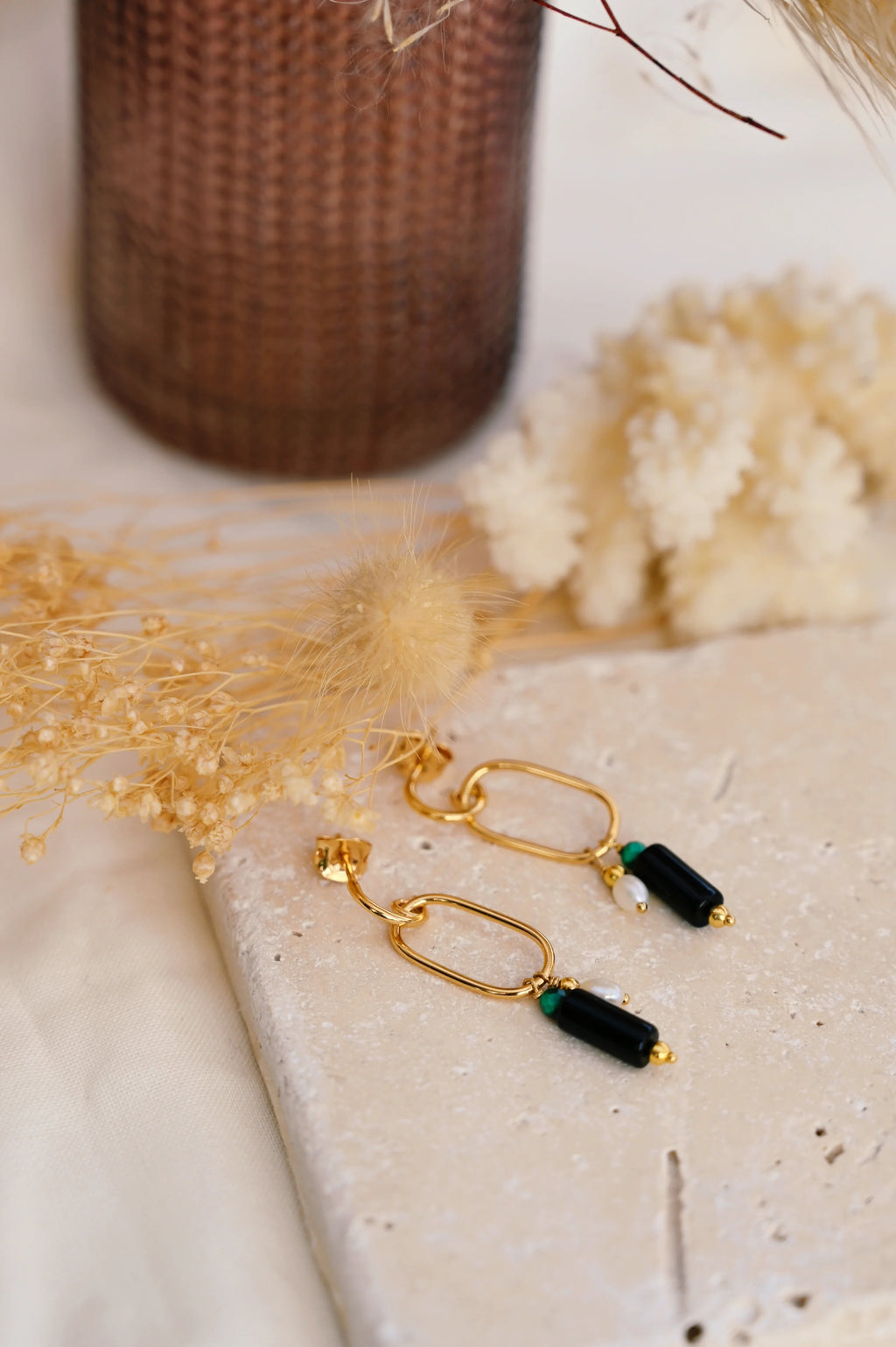 Boucles CALI Bahlïa Bijoux, onyx malachite et perle d'eau douce