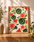 Affiche aquarelle pastèques et roses A3 - Funounarts