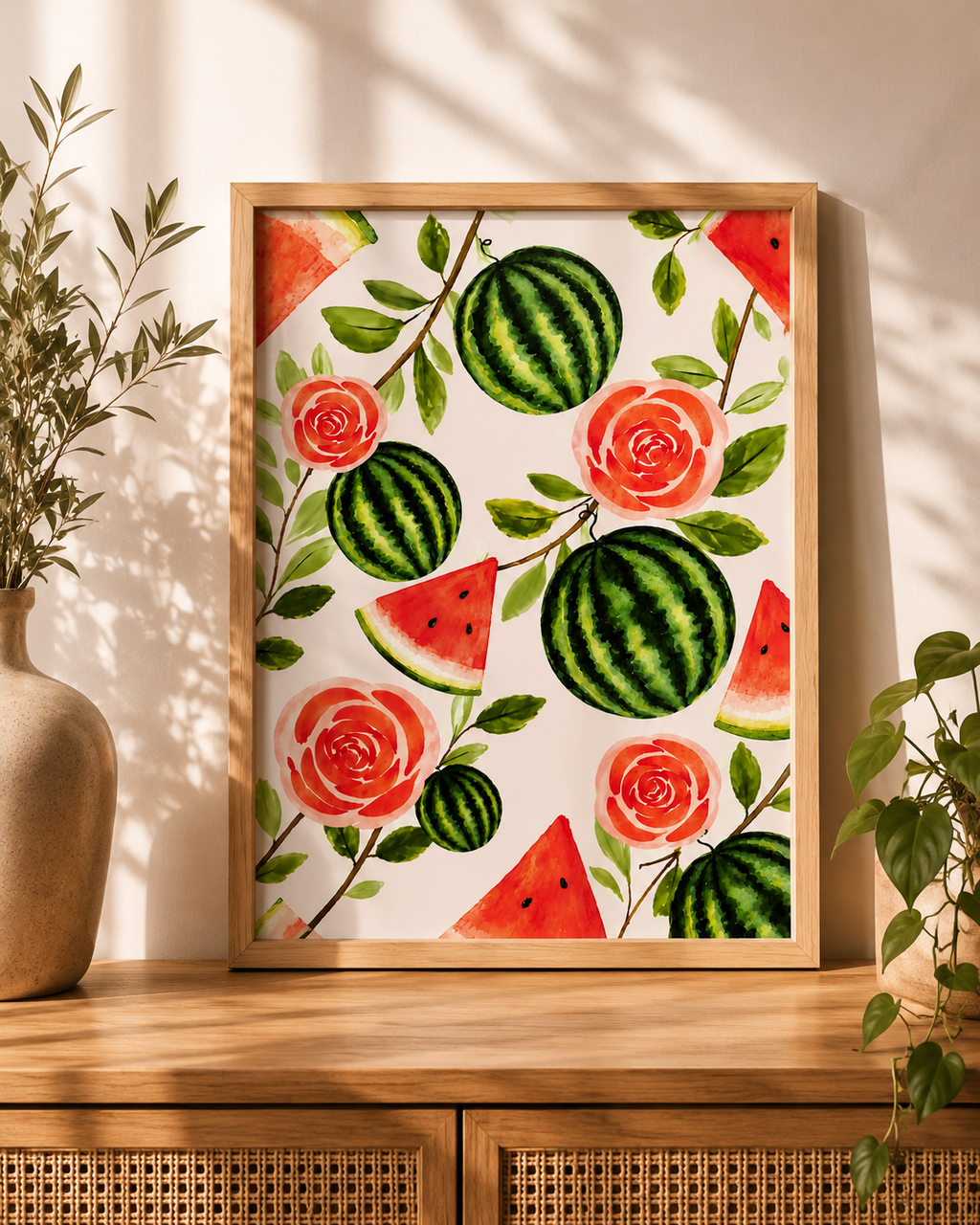 Affiche aquarelle pastèques et roses A4 - Funounarts