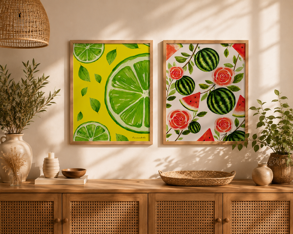 Affiche aquarelle pastèques et roses détail - Funounarts