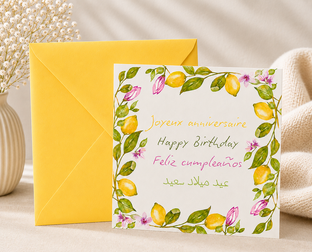 Carte postale anniversaire multilingue citrons - Funounarts