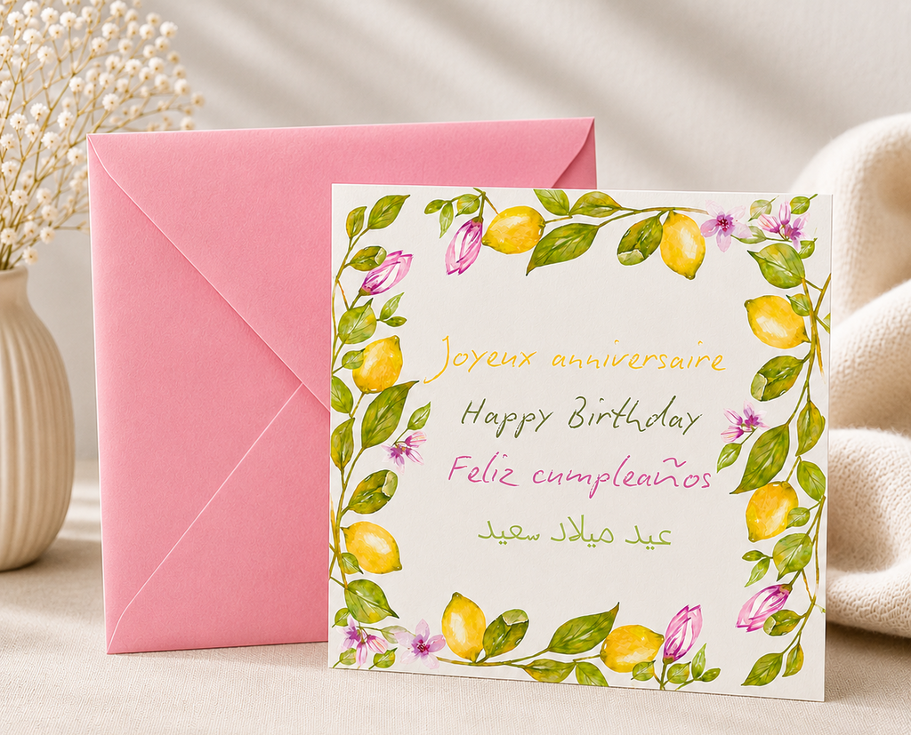 Carte postale anniversaire multilingue citrons détail - Funounarts