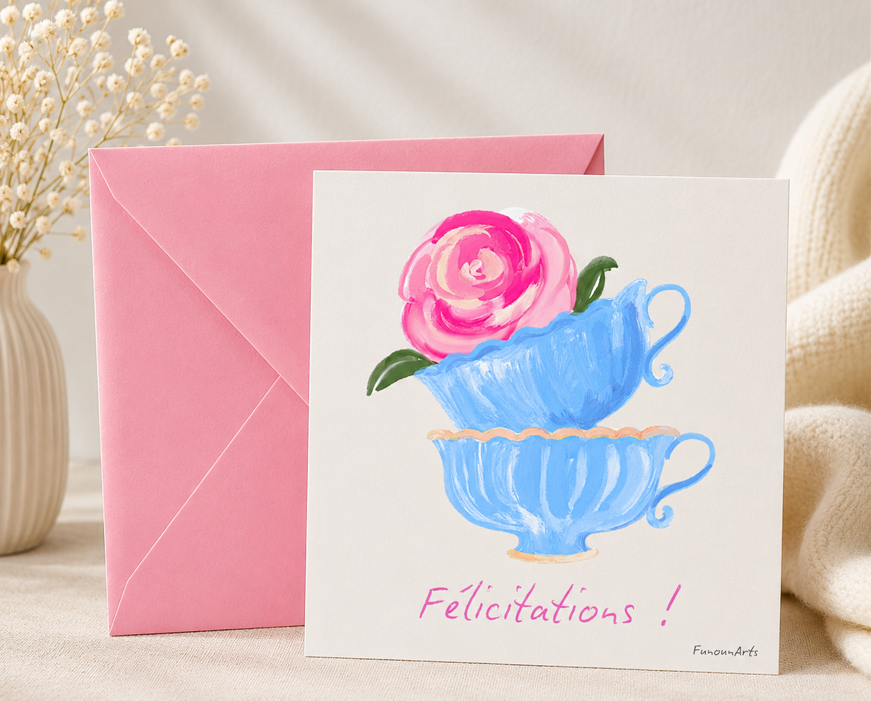 Carte postale félicitations tasses bleues et fleur - Funounarts