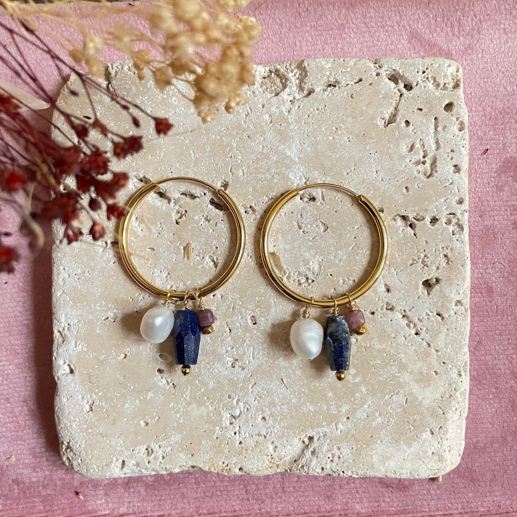 Boucles SCALA Bahlïa Bijoux, créoles plaqué or et pierres naturelles