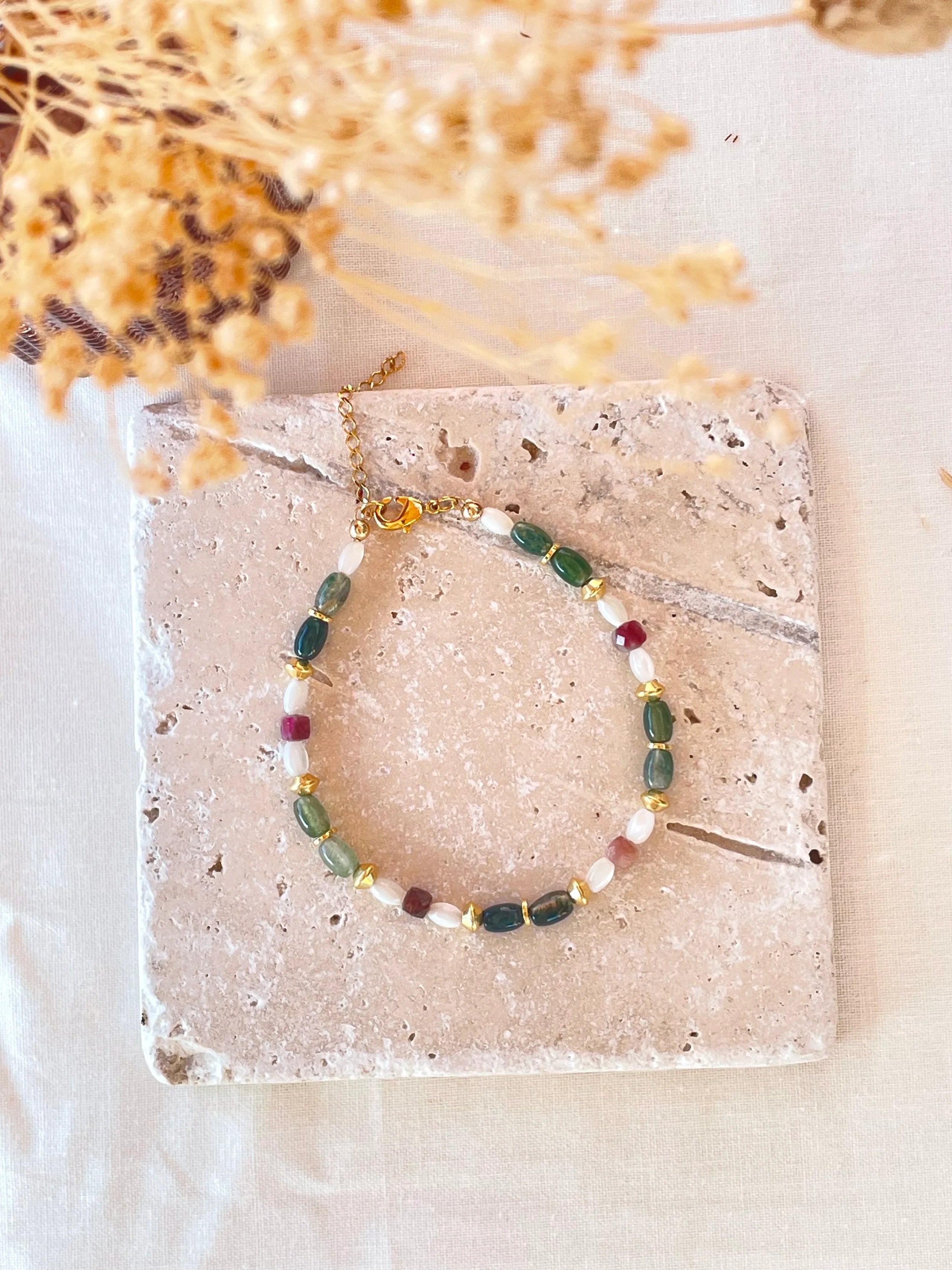 Bracelet LUNA Bahlïa Bijoux, nacre agate indienne et tourmaline
