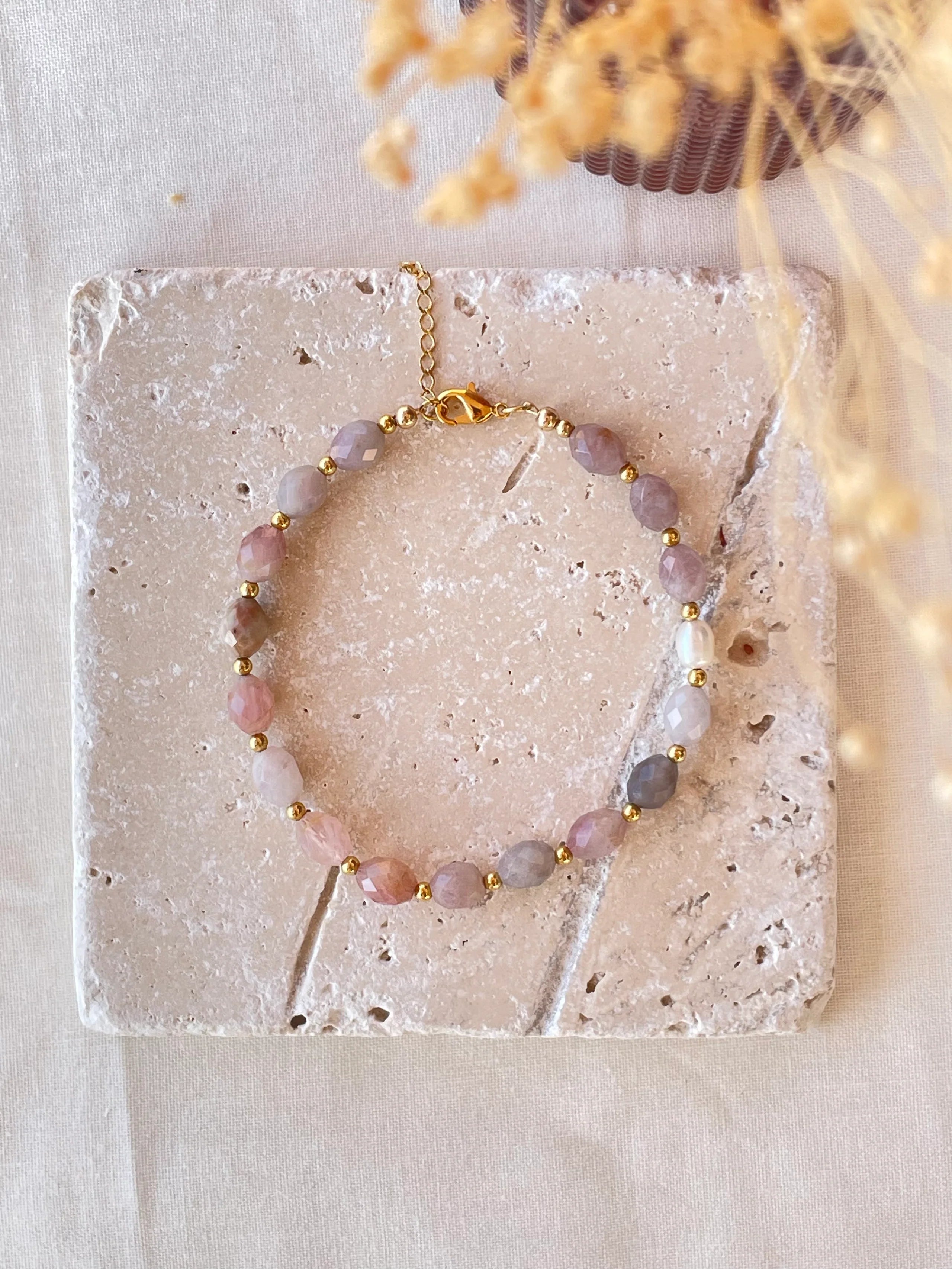 Bracelet CAIRO quartz rose Bahlïa Bijoux, perles d'eau douce or