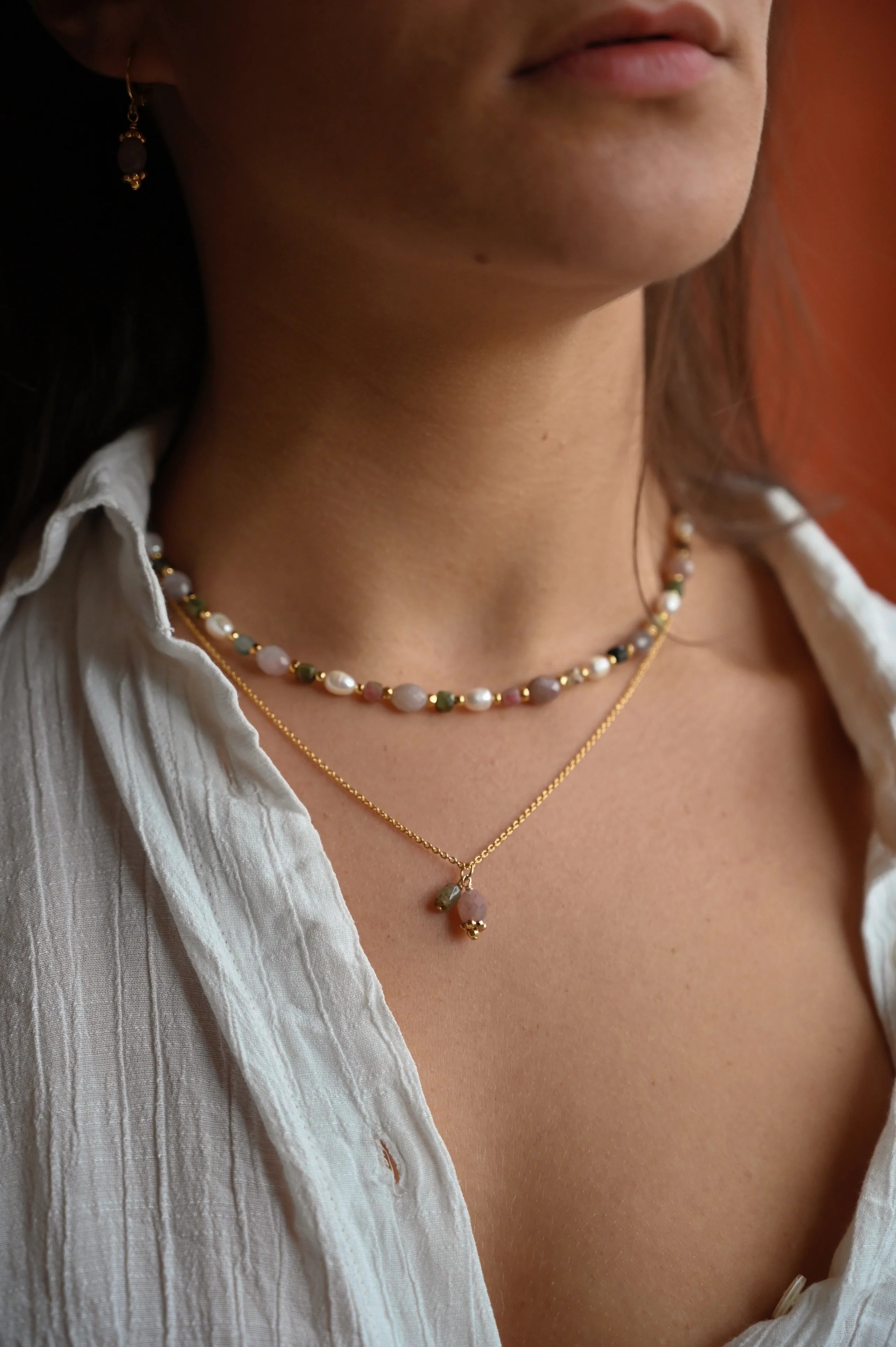 Collier CAIRO quartz rose Bahlïa Bijoux porté, tourmaline