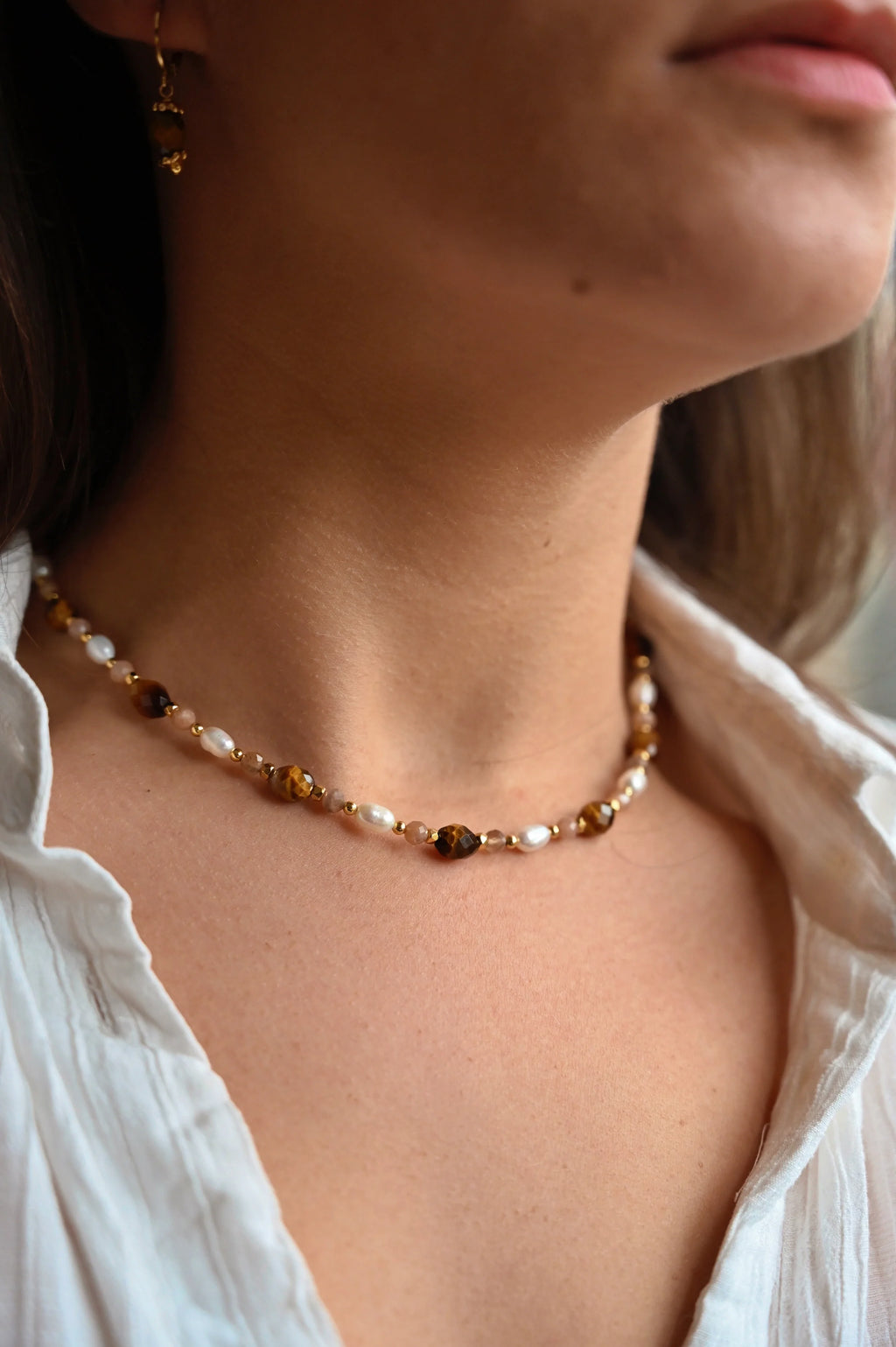 Collier CAIRO œil de tigre Bahlïa Bijoux, perles naturelles plaqué or