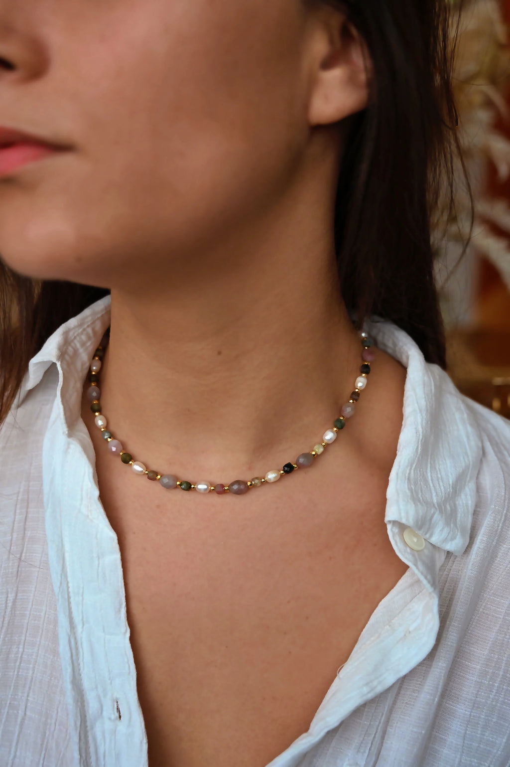 Collier CAIRO quartz rose Bahlïa Bijoux, perles d'eau douce plaqué or