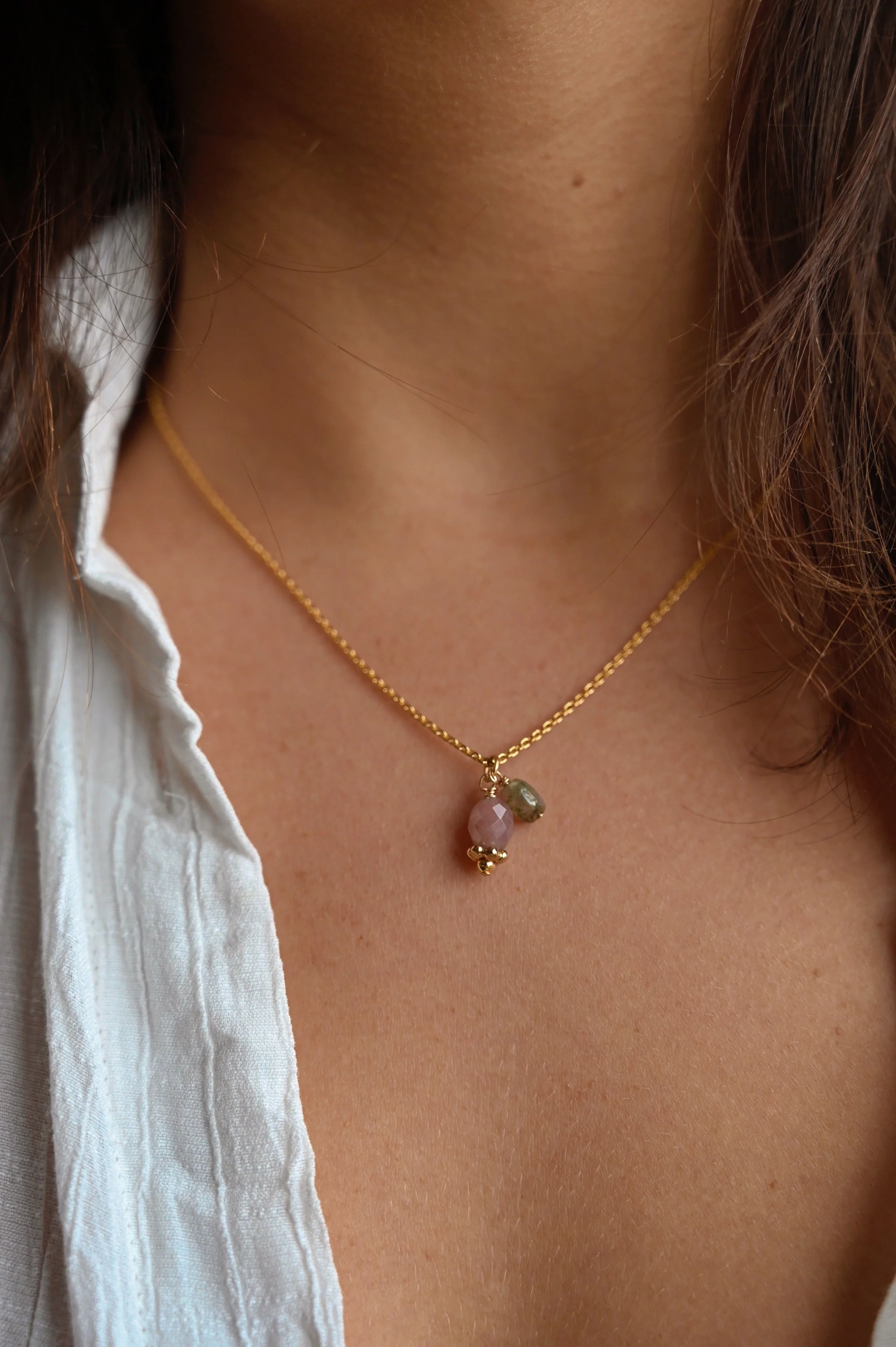 Collier Noor quartz rose Bahlïa Bijoux, pendentif plaqué or