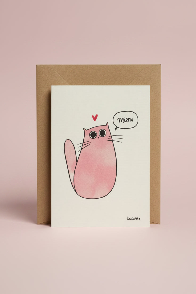 Carte de vœux A6 Chat Rose – Louana Magnin