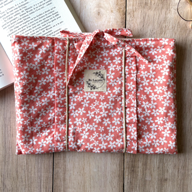 Pochette à livre fleurs corail grand modèle