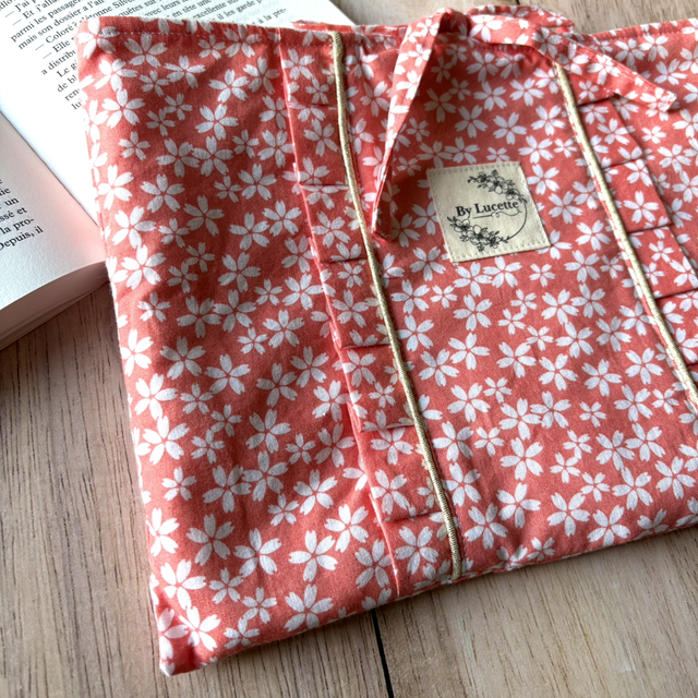 Pochette à livre fleurs corail grand modèle