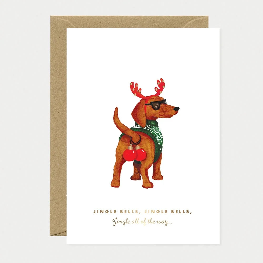 Carte de vœux Jingle Bells dog, teckel en bois de renne, dorure à chaud - All the ways to say